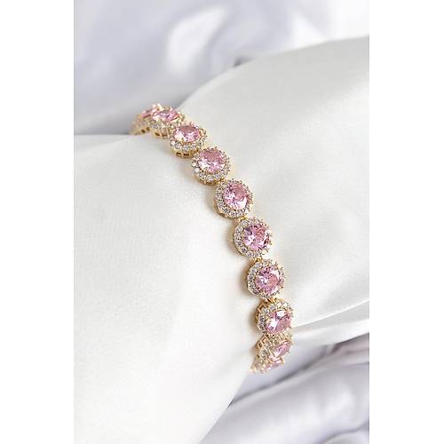 Pirin� Pembe Zirkon Ta�l� Daire Baget Model Gold Renk VIP Seri Kad�n Bileklik