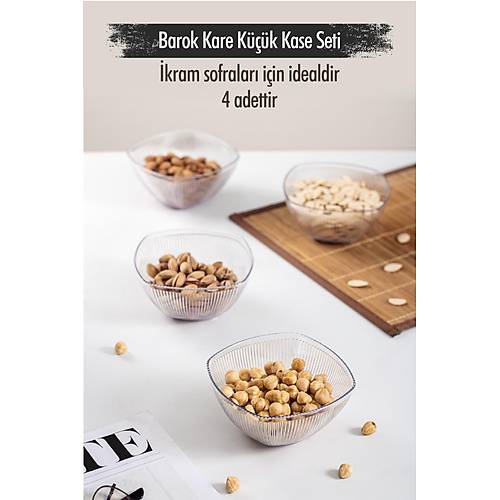 Akrilik Barok �effaf Kare 4'l� K���k Kase Seti & �erezlik & Sunumluk & �kraml�k (Cam De�ildir) 6763DP4