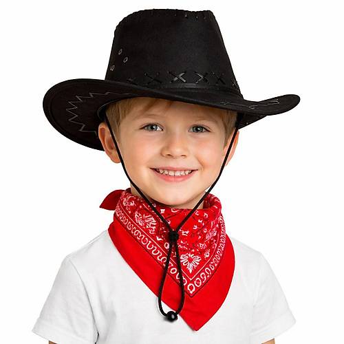 �ocuk Kovboy �apka Siyah & K�rm�z� Bandana Fular Seti