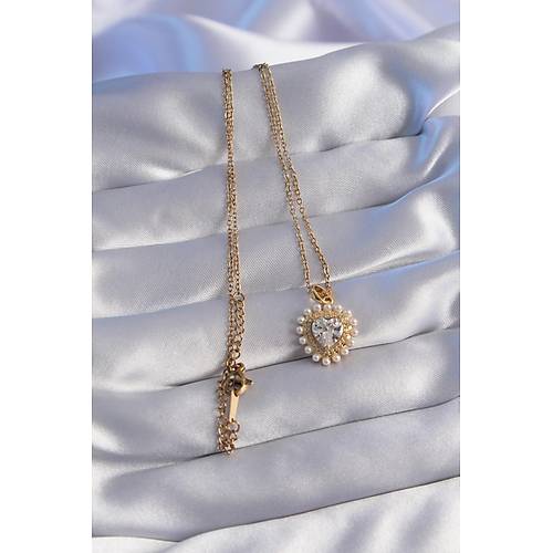 316L �elik Zincir Gold Renk �ncili Zirkon Ta�l� Kalp Tasar�ml� Kolye