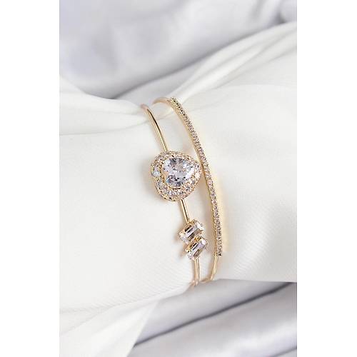 Pirin� Gold Renk Kalpli Zirkon Ta�l� Kad�n Bileklik