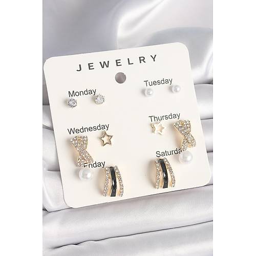 Pirin� Gold Renk Zirkon Ta� Y�ld�z Detayl� �ncili 7'Li Set Kad�n K�pe Seti