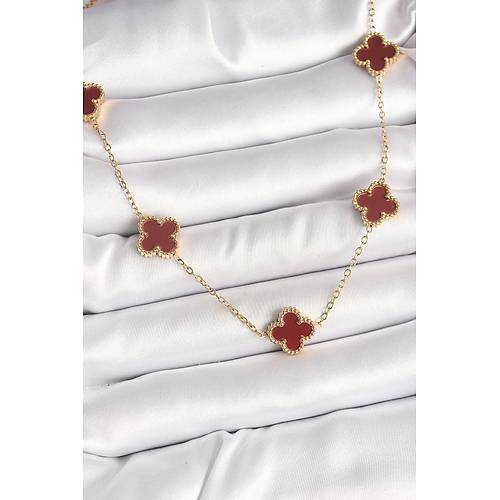 316L �elik Gold Renk Zincir Bordo Yonca Model Kad�n Kolye