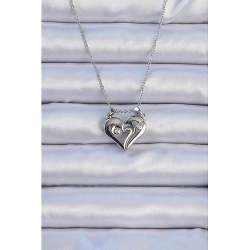 316L �elik Zincir G�m�� Renk Zirkon Ta�l� M�knat�sl� Kalp Kolye