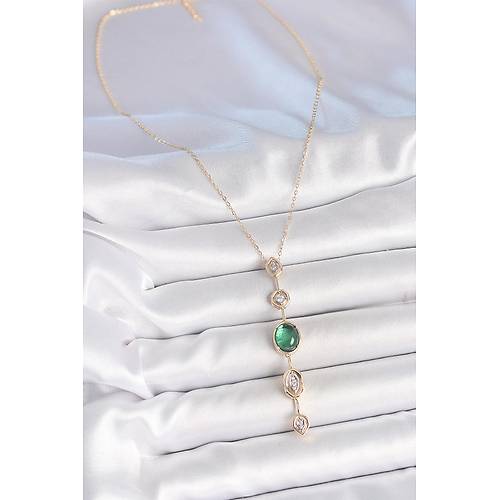 Pirin� Zincir Z�mr�t Ye�il Gold Renk Zirkon Ta�l� Y Kolye