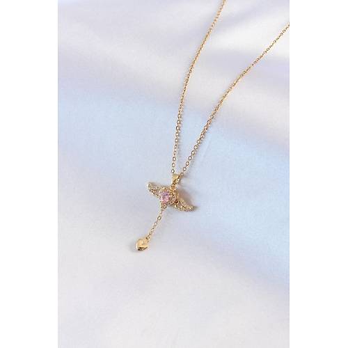 316L �elik Gold Renk Kanatl� Kalp Model Zirkon Ta� Detay Kad�n Kolye