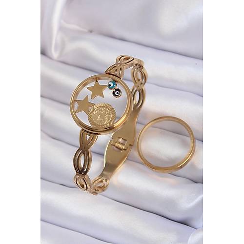 316L �elik Alt�n Renk ��i Nazar Boncuk ve Y�ld�z Fig�rl� A��labilir Fanus Kelep�e