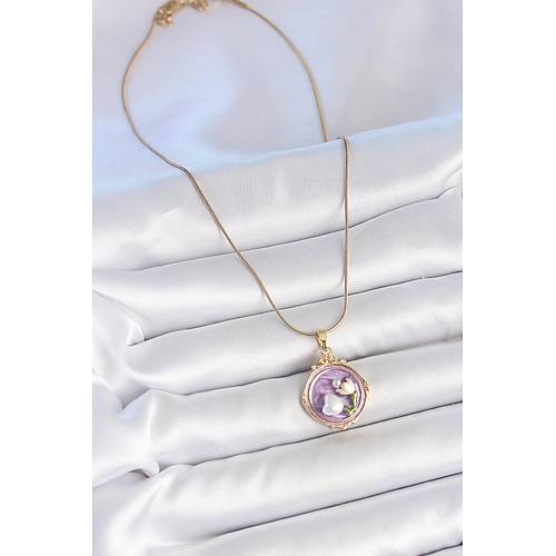 316L �elik Gold Renk Zincir Mor Mineli �ncili �i�ek ��lemeli Portre Model Kad�n Kolye