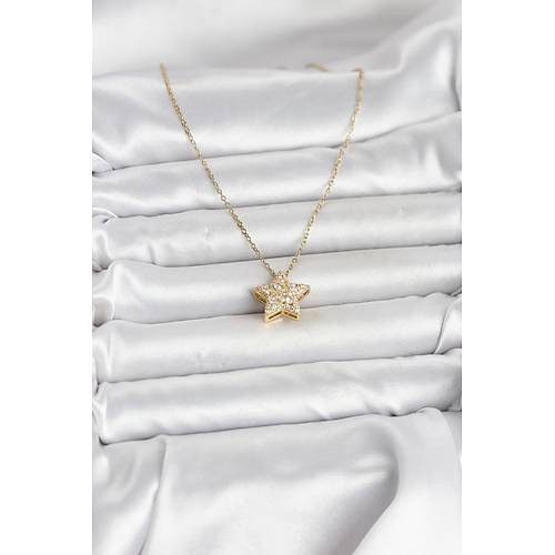 316L �elik Zincir Gold Renk Zirkon Ta�l� Y�ld�z Model Kad�n Kolye