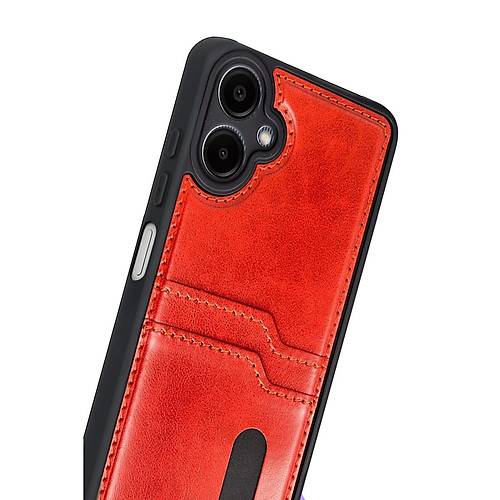 Galaxy A07 4G Sara Kartvizitli Deri K�l�f - K�rm�z�