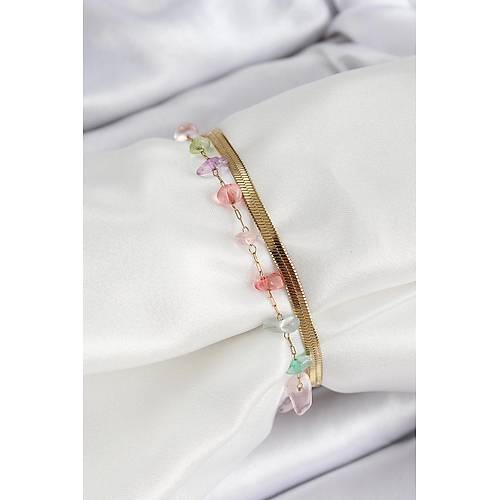 316L �elik Gold Renk Kristal Kar���k Renkli Ta�l� Kad�n Bileklik