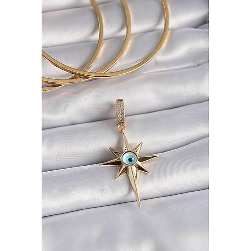 Pirin� Gold Renk Zirkon Ta�l� Kutup Y�ld�z� Nazar Boncuk Detay Ajda Charm