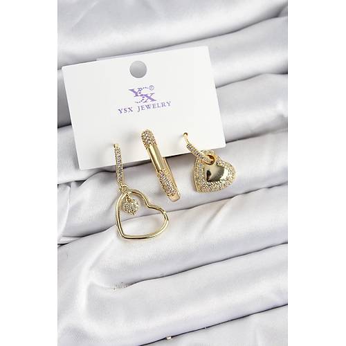 Pirin� Z�rkon Ta�l� Kalp Model Gold Renk 3'l� Kad�n K�pe