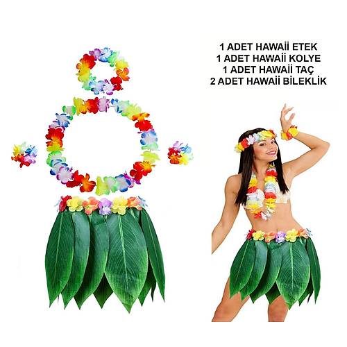 Yeti�kin Hawaii Kost�m Seti - Yaprak Etek & Hawaii Set - 5 Par�a