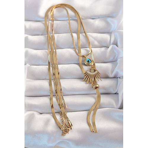 316L �elik Gold Renk Zirkon Ta�l� G�z Detay Nazarl� Uzun Asans�r Model Kolye