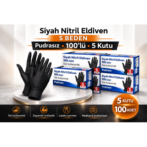 Siyah Nitril Eldiven S Beden Pudras�z 5 Kutu Tek Kullan�ml�k Dayan�kl� Lateks ��ermeyen Koruyucu Eldiven Seti