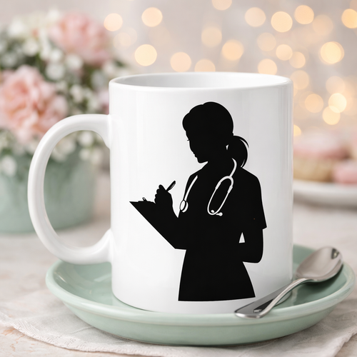 Hem�ire Temal� Porselen Kupa MODEL 172� Stetoskoplu Kad�n Sa�l�k �al��an� Tasar�ml� Kahve Kupas� � Hem�irelere �zel Hediye Fincan�