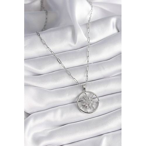 316L �elik G�m�� Renk Zirkon Ta�l� G�ne� Madalyon Model Kad�n Kolye