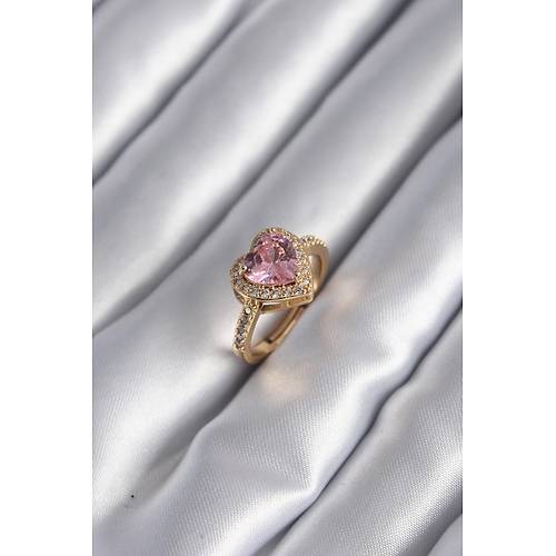 Pirin� Gold Renk Pembe Zirkon Ta�l� Charm Kalp Model Kad�n Y�z�k