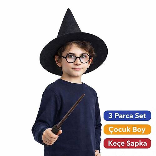 Harry Potter Tarz� �ocuk Seti (Siyah Ke�e �apka, Asa, G�zl�k)
