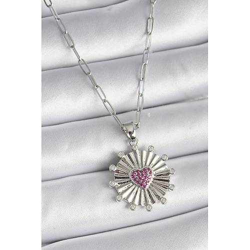 316L �elik G�m�� Renk Pembe Zirkon Ta�l� Kalp ��leme Madalyon Model Kad�n Kolye