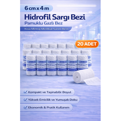 6 cm x 4 m Hidrofil Sarg� Bezi Pamuklu Gazl� Bez K�sa Metraj Medikal Sar�m Bezi 20 Adet