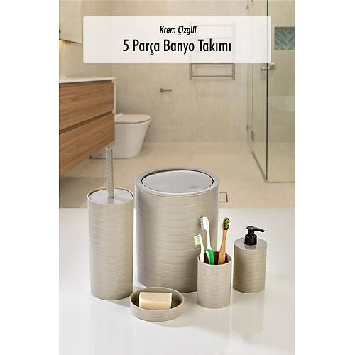 5 Par�a Yatay �izgili Krem Banyo Tak�m�