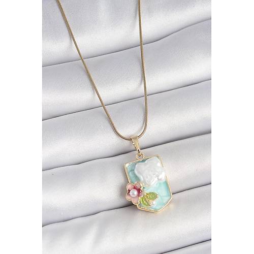 316L �elik Gold Renk Zincir Mavi Mineli �ncili �i�ek ��lemeli Portre Model Kad�n Kolye