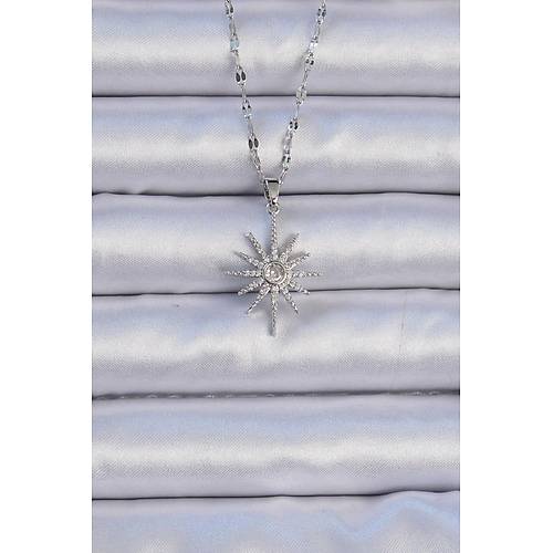 316L �elik Zincir G�m�� Renk Zirkon Ta�l� Kutup Y�ld�z� Kolye