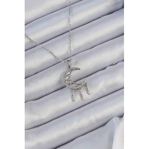 316L �elik Zincir G�m�� Renk ��lemeli Zirkon Ta�l� Ay Kolye