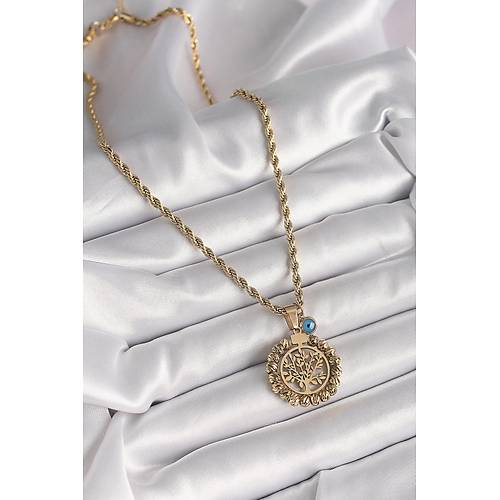 316L �elik Gold Renk Burgu Zincir Dorika Ya�am A�ac� Fig�r Nazar Boncuk Detay Kad�n Kolye