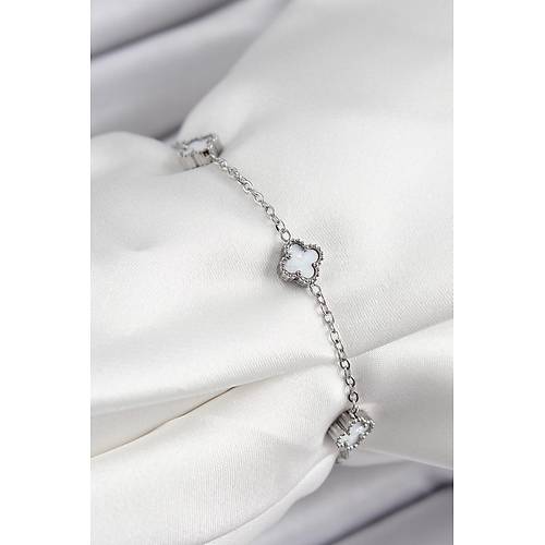 316L �elik Beyaz Sedef Yonca Model G�m�� Renk Kad�n Bileklik