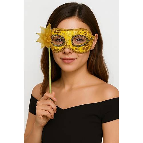 L�ks Ta�l� Sapl� Maskeli Balo Maskesi Alt�n Renk 35 cm