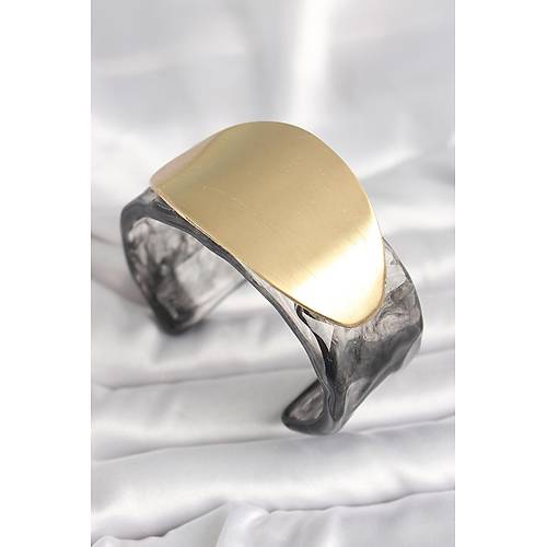 Siyah Mermer Desen Akrilik Plastik Gold Oval Plaka Model Vintage Kad�n Bilezik