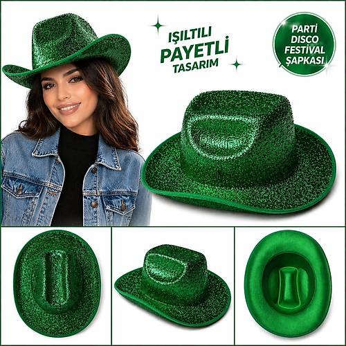 Parlak Ye�il Kovboy �apka Kad�n Erkek Parti Disco Festival �apkas�