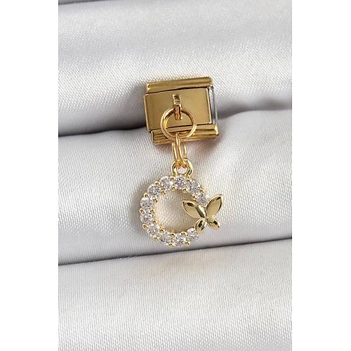 316L �elik Sallant�l� Zirkon Ta�l� Kelebek Detayl� Halka Model Gold Renk Nomination Charm