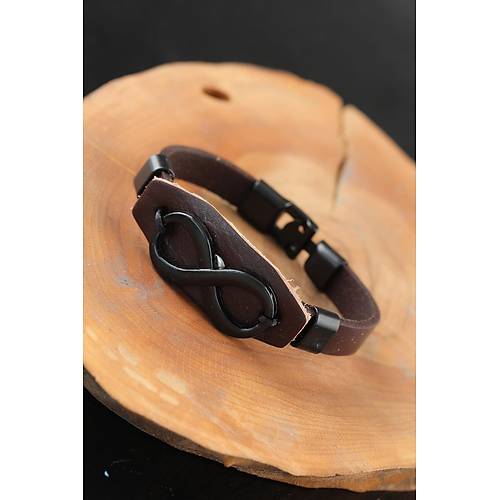 Siyah Sonsuzluklu Metal Aksesuarl� Kahverengi Deri Erkek Bileklik