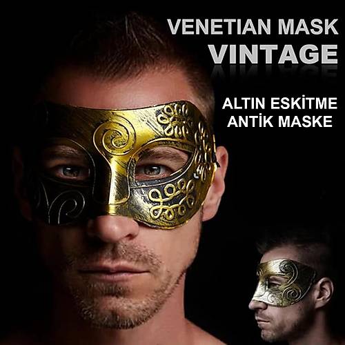 Alt�n Eskitme Y�z Maskesi - Antik Tarz Balo Maskesi