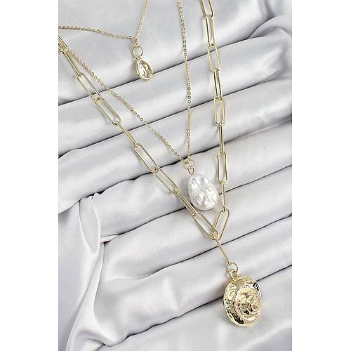 Pirin� �oklu Zincirli �ncili Deniz Kabu�u Model Gold Renk Kad�n Kolye