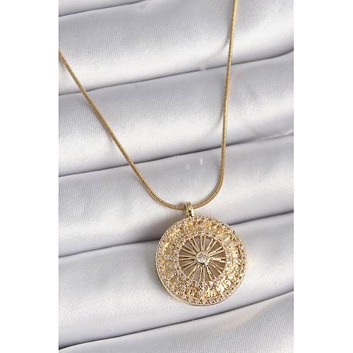 316L �elik Gold Renk Zirkon Ta�l� 12 Bur� Madalyon Model Kad�n Kolye