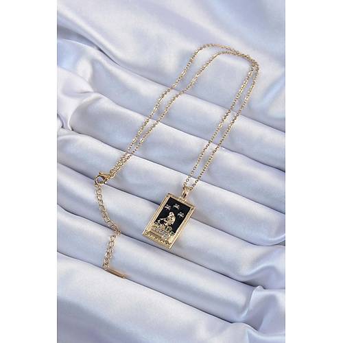 316L �elik Zincir Alt�n Renk Zirkon Ta�l� Siyah Mineli K�z Fig�rl� Tarot Kolye