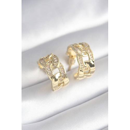 Pirin� Gold Renk Zirkon Ta� Detay Zincir Model Kad�n K�pe
