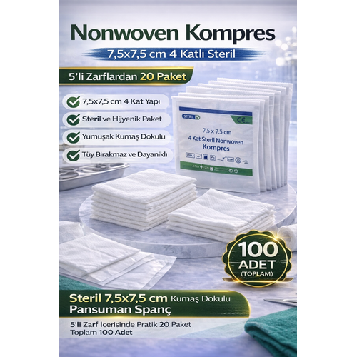 Nonwoven Kompres 7,5x7,5 cm 4 Katl� Steril 100 Adet (5�li Zarflardan 20 Paket) Pansuman Span� 1 KUTU
