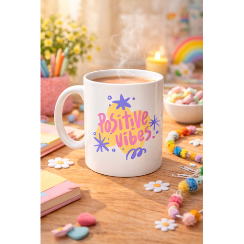 Positive Vibes Porselen Kupa MODEL 138 � Renkli Tasar�m Motivasyon Kupas� � Pozitif Enerji Veren Kahve & �ay Kupas�