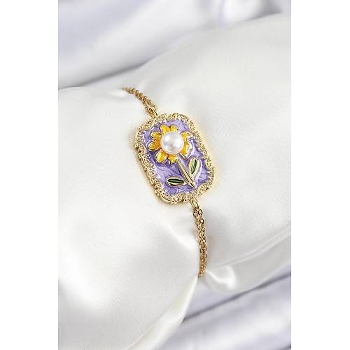316L �elik Zincir Mor Mineli Sanatsal Portre �nci Detayl� Papatya Model Gold Renk Kad�n Bileklik