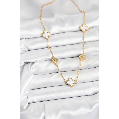 316L �elik Zincir Gold Renk Beyaz ve Zirkon Ta�l� Yonca Kad�n Kolye