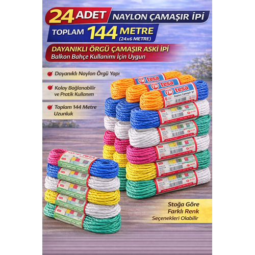 24 Adet Naylon �ama��r �pi 6 Metre Dayan�kl� �rg� �ama��r Ask� �pi Toplam 144 Metre