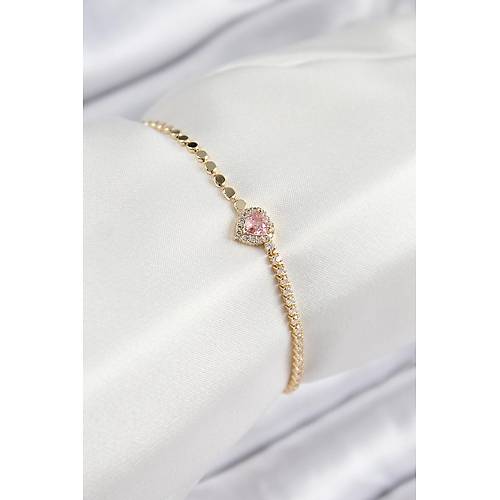 Pirin� Zirkon Ta�l� Kalp Model Ezme Zincir Gold Renk Kad�n Bileklik