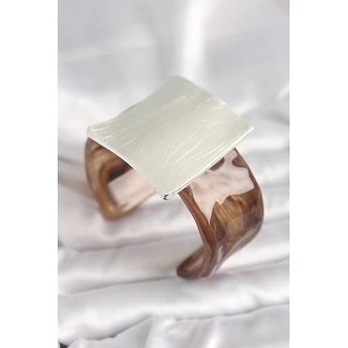 Kahverengi Mermer Desen Akrilik Plastik G�m�� Kare Plaka Model Vintage Kad�n Bilezik