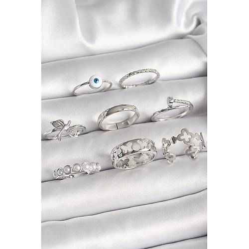 Pirin� G�m�� Renk Nazar Boncuk Detay �ncili Kelebek ��lemeli Kad�n Y�z�k Kombini